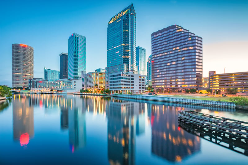 Downtown Tampa, Florida, reflected in the Hillsborough River at twilight.