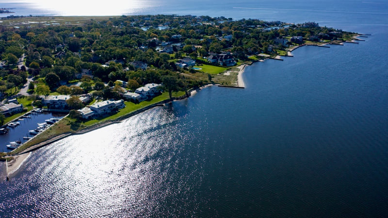 Waterfront homes along Great Cove in Bay Shore, Suffolk County, on Long Island, New York.