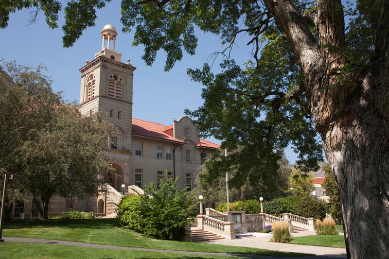 Guggenheim Hall at the Colorado School of Mines in Golden, Colorado, beneath the foothills.