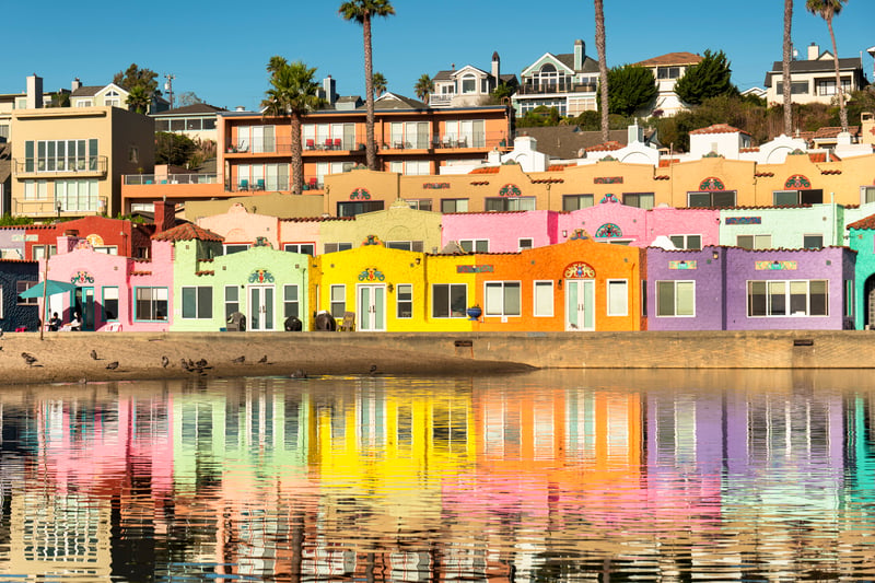 Colorful beachfront homes in Capitola Village, Santa Cruz County, California.