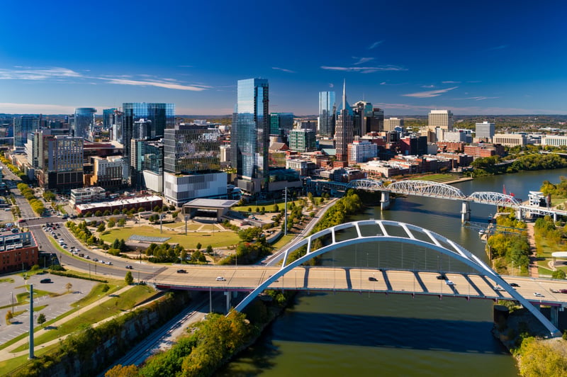 Downtown Nashville, Tennessee, and bridges spanning the Cumberland River.