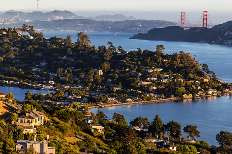 The Golden Gate Bridge seen across the bay from Tiburon in Marin County, California.