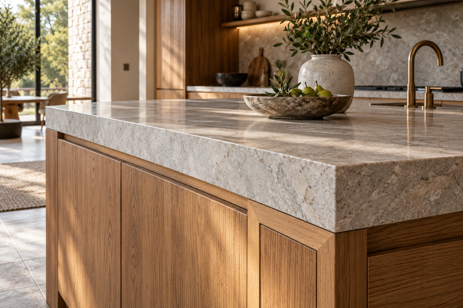 A thick stone countertop, wood cabinet fronts and a framed end panel at an island corner.