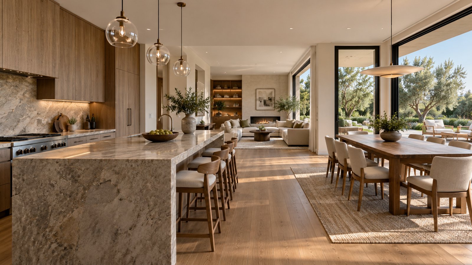 A connected kitchen, dining and living space with wood cabinetry, a stone island and a central aisle.