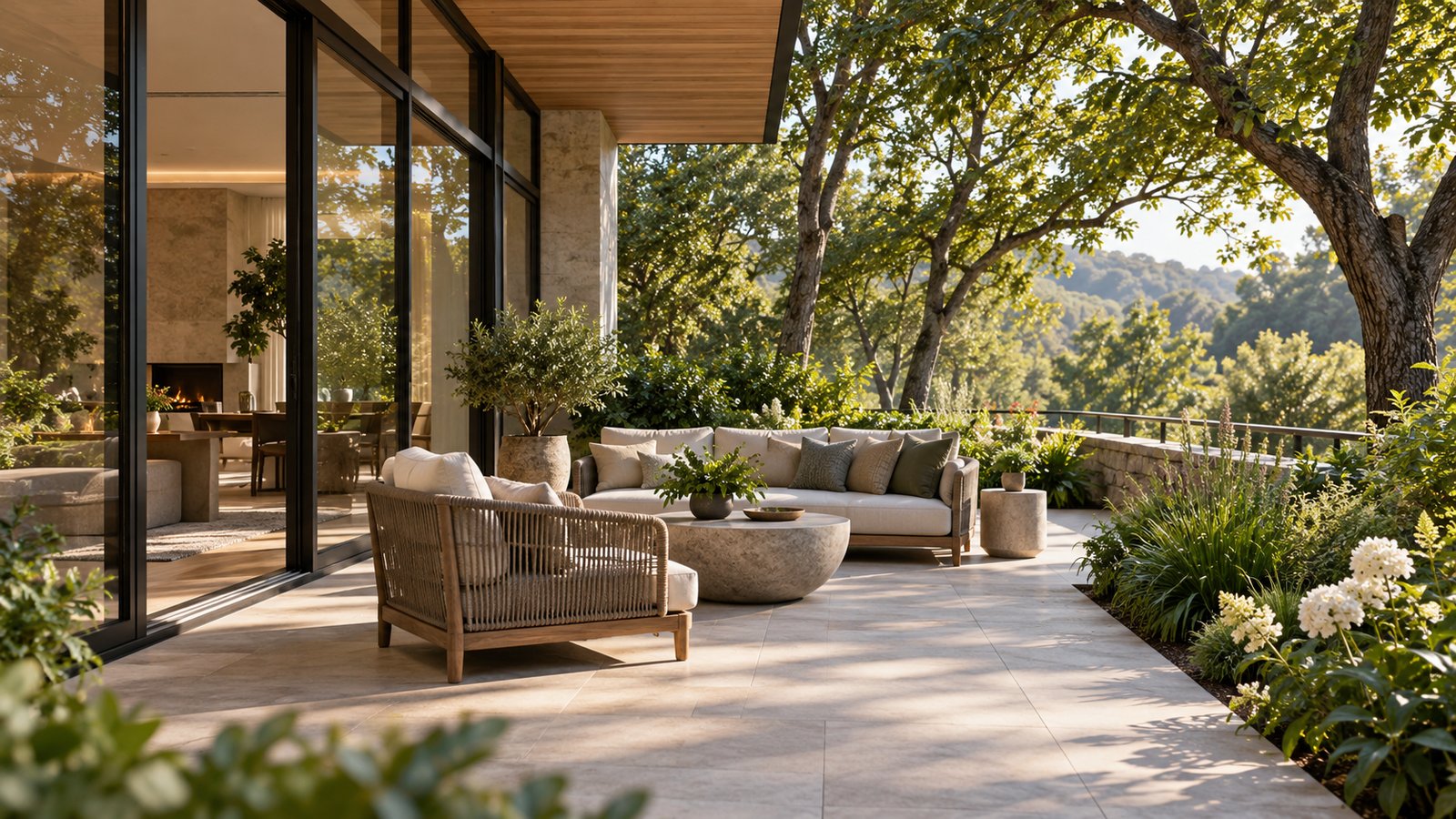 A shaded stone terrace with a sofa, woven chair, round table and garden planting beside floor-to-ceiling glazing.