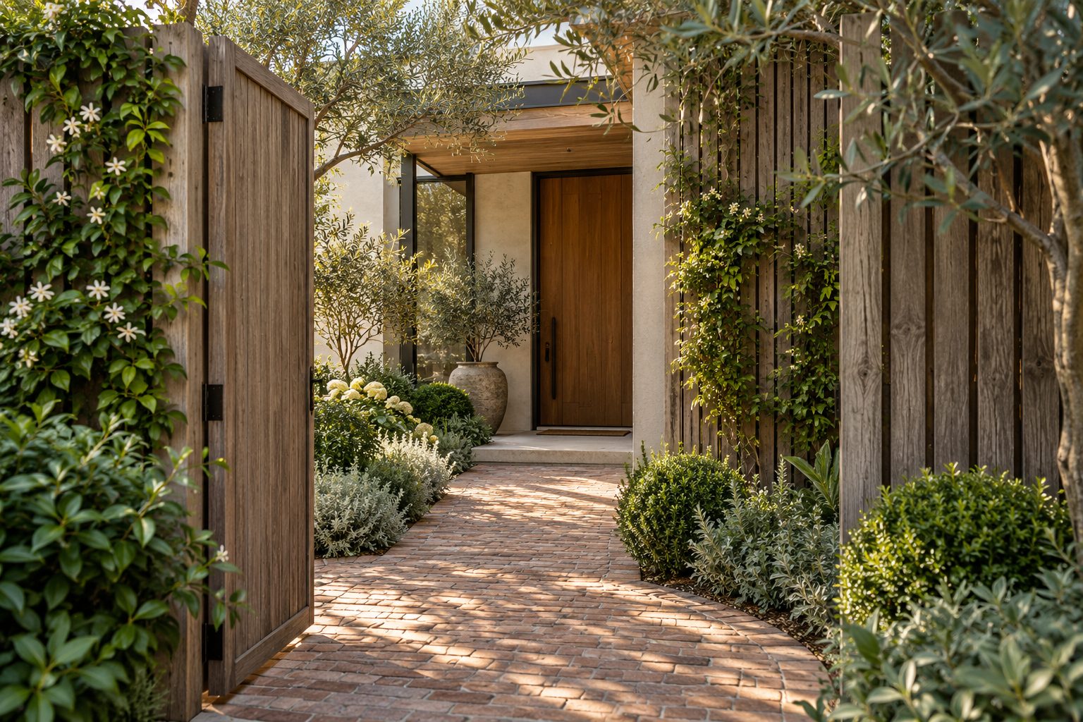 An open timber gate frames a planted brick path leading to a wood front door.