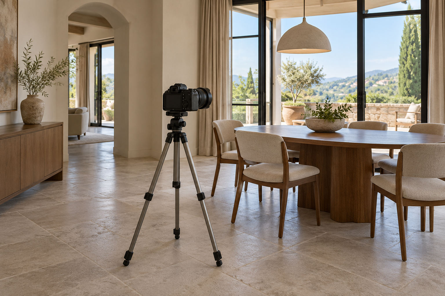 A camera on a tripod faces a wood dining table beside tall terrace doors.