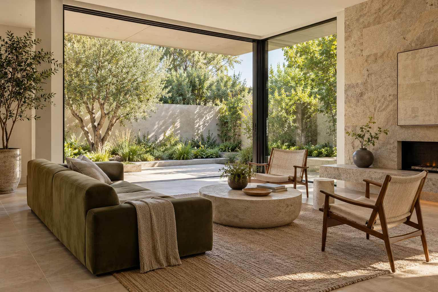 An olive sofa and wood chairs face a garden through a broad living-room opening.