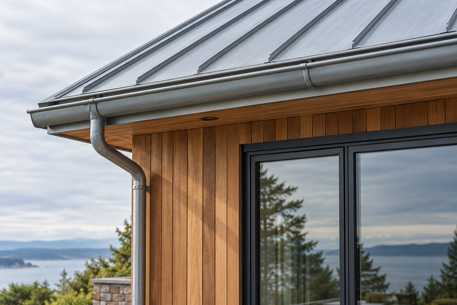 Metal roof edge and gutter above vertical timber cladding beside a dark-framed window.