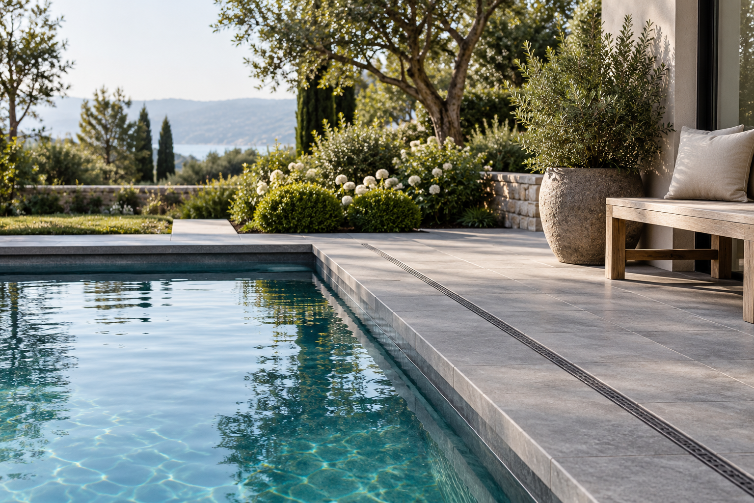 Gray stone pool surround with a linear drain, planted garden and part of a timber bench.