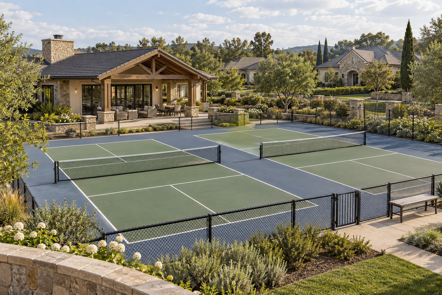 Two fenced pickleball courts beside a low clubhouse, with detached houses beyond.
