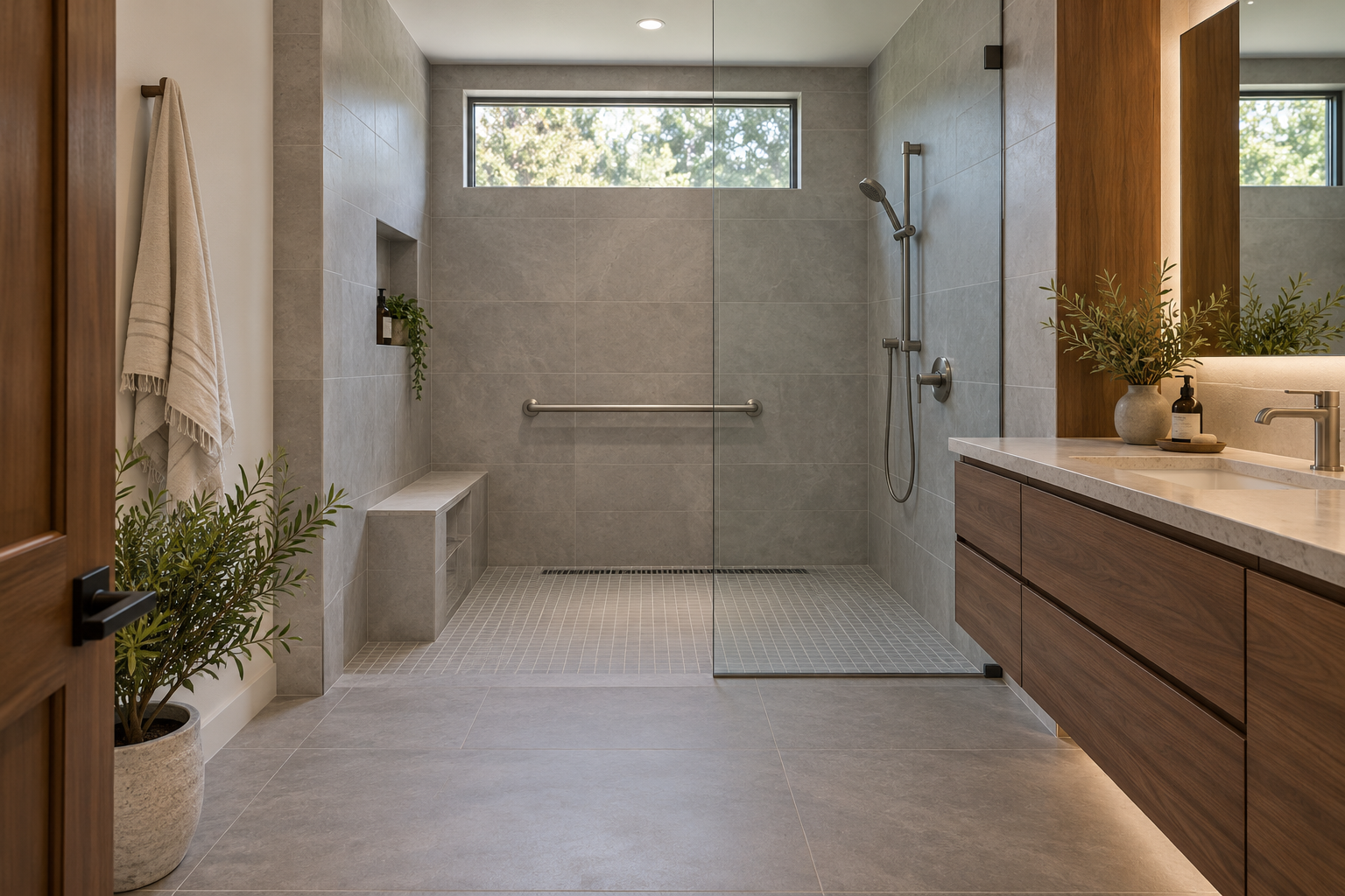 Gray-tiled bathroom with a curbless shower opening, built-in seat, grab rail and walnut vanity.