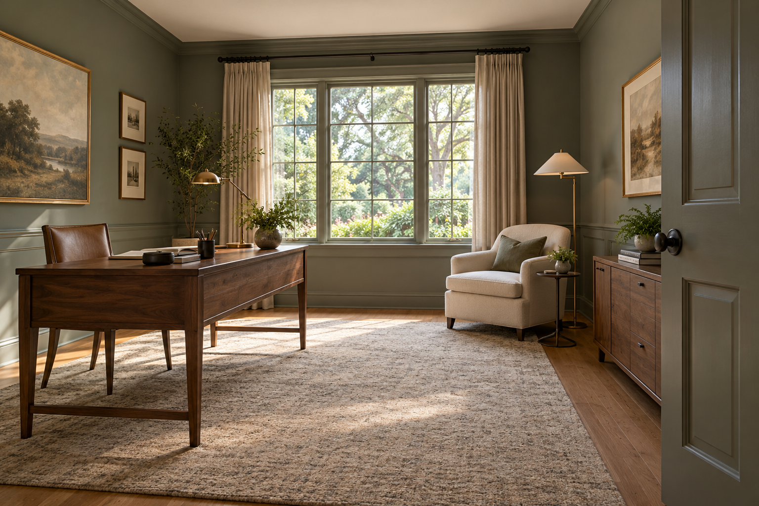 Study with a walnut desk, cream reading chair, low cabinet and open floor space.