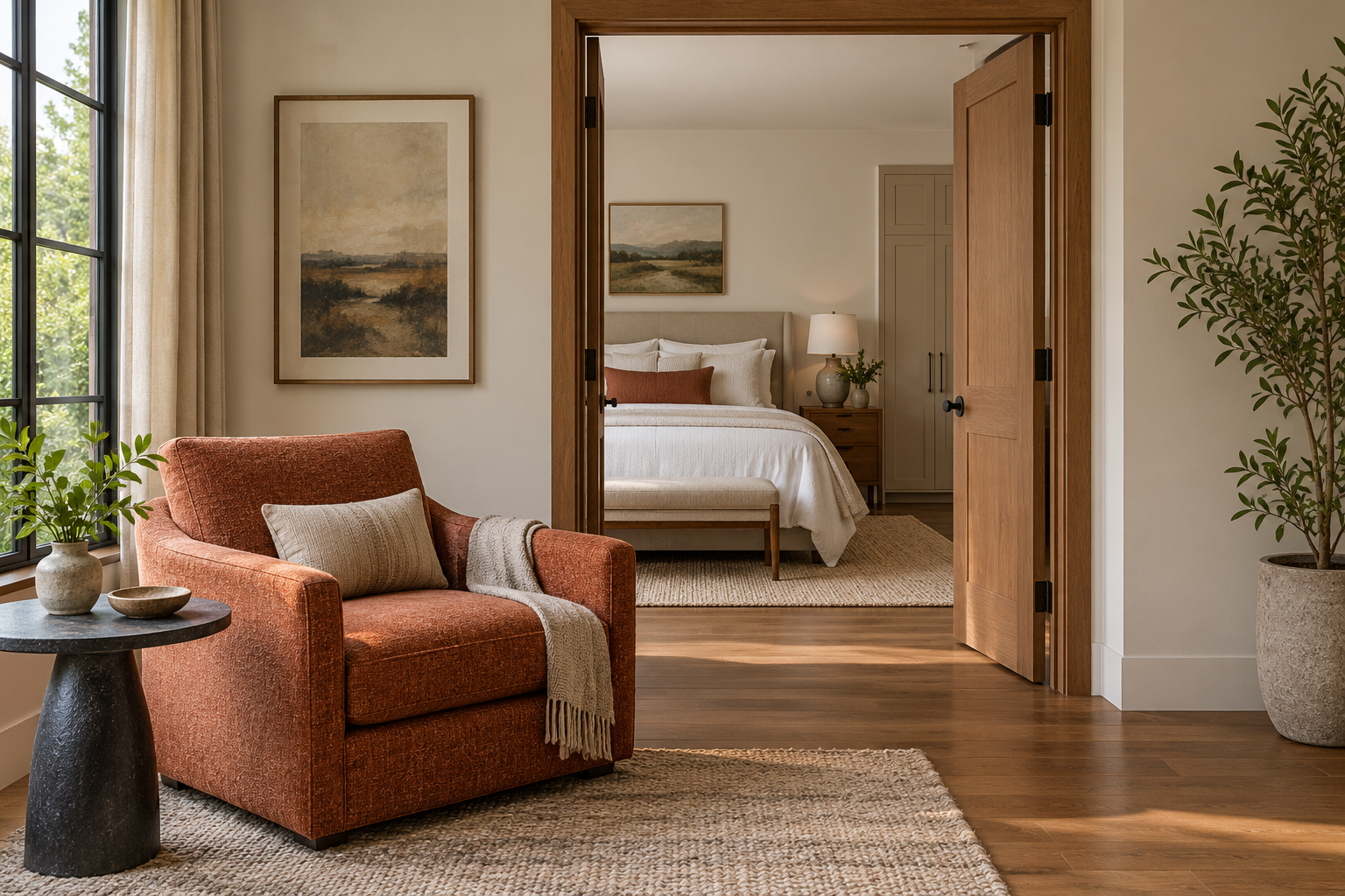 Rust-colored reading chair beside open timber doors to a bedroom with white bedding.