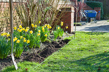 An edging project sit in progress with a string level across the ground.