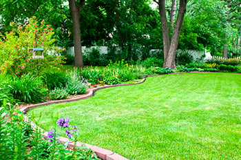 Pavers are used are decoratively placed as edging around a flower bed.