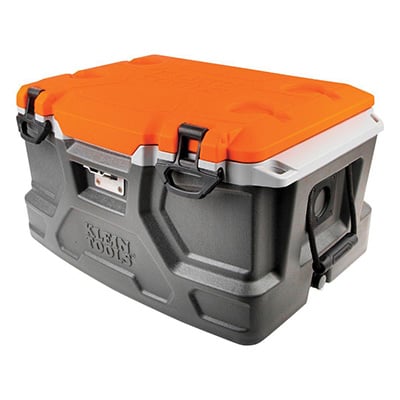 Klein Tools hard sided cooler with orange top and dark grey lower section.