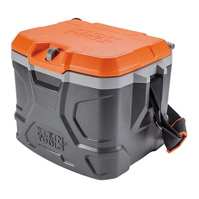 Klein Tools hard sided portable cooler with shoulder strap