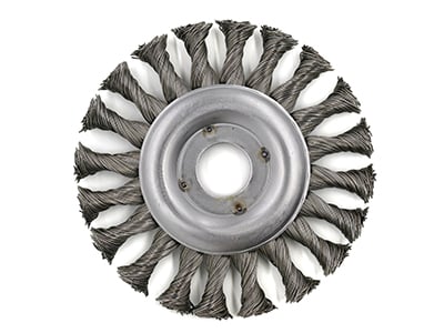 Closeup of a wire grinding wheel.
