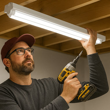 man installing shop light