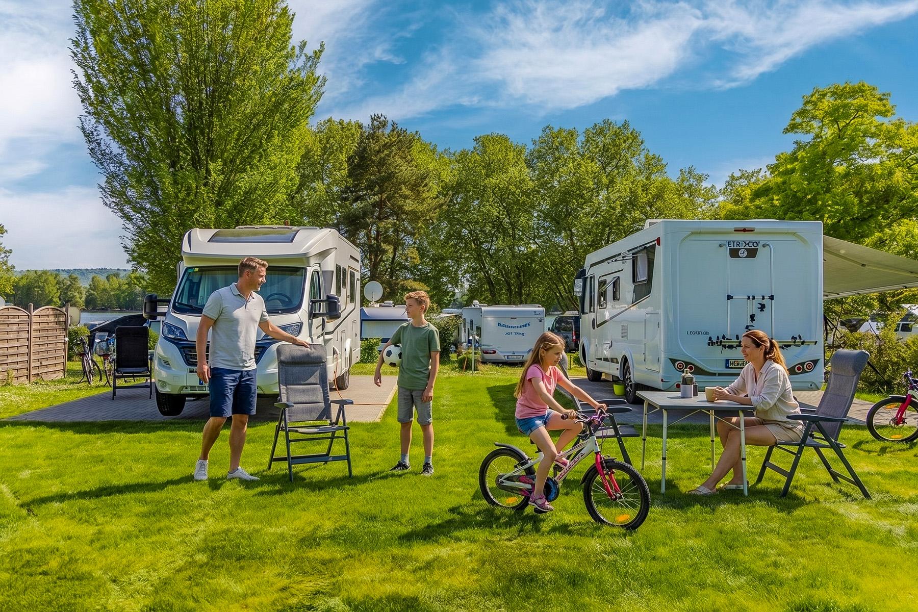 Rheingaucamping Geisenheim – familie med to børn på pladsen, datter på cykel ved siden af to autocampere på velplejet græs, solrig sommerdag