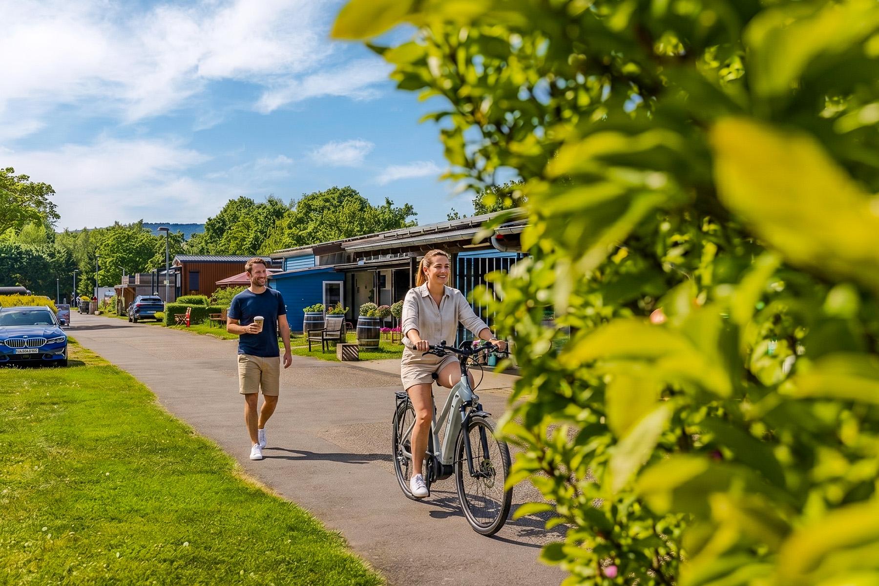 Rheingaucamping Geisenheim – kvinde på el-cykel og mand med kaffekop på campingpladsens hovedsti, blå sanitetsbygning og velholdte grønne arealer i baggrunden