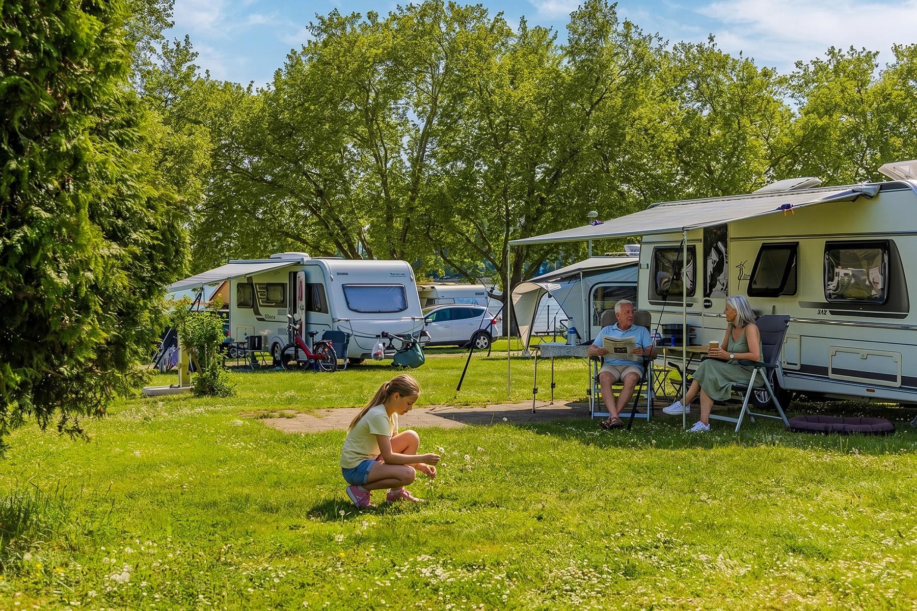 Rheingaucamping Geisenheim – barn leger på græsset, par slapper af i campingstole foran campingvognen under store træer på pladsen