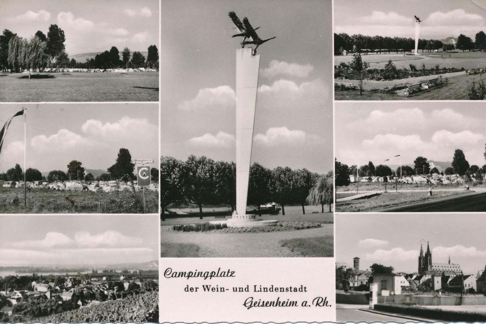 Oude ansichtkaart met meerdere afbeeldingen en het opschrift „Campingplatz der Wein- und Lindenstadt Geisenheim a. Rh.”