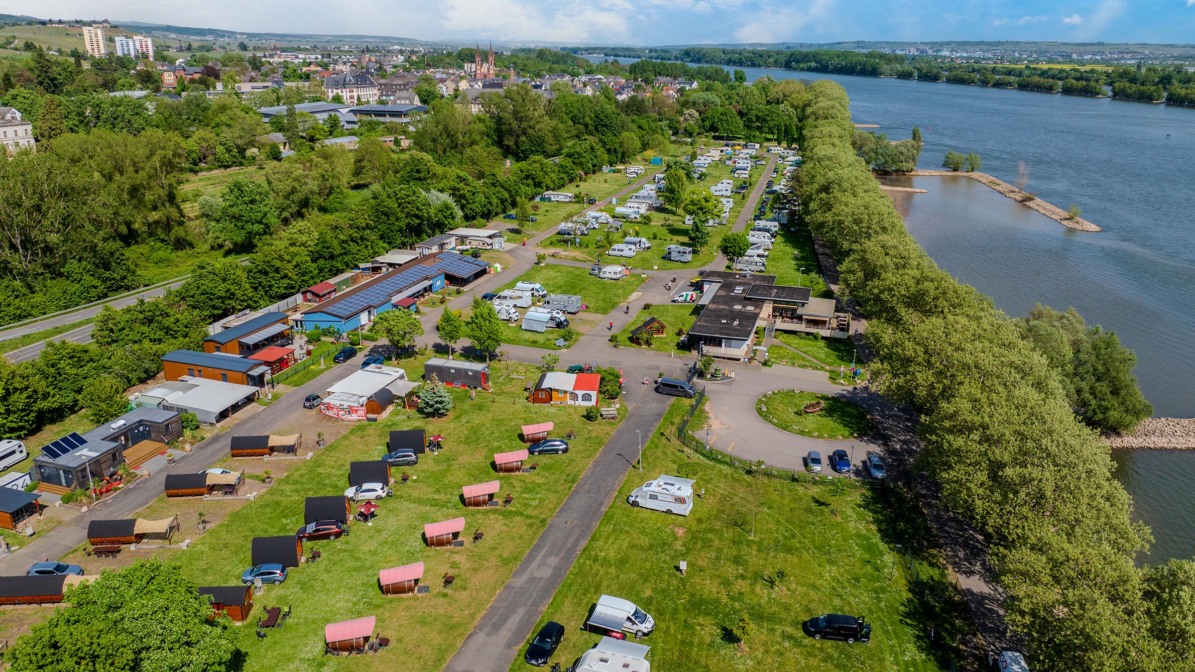 Rheingaucamping Geisenheim – aerial view of the campsite on the Rhine with motorhomes and caravans in rows along the bank, barrel cabins on the lawn and the sanitary buildings, with the town of Geisenheim, its church spire, vineyards and hills in the background under a blue sky