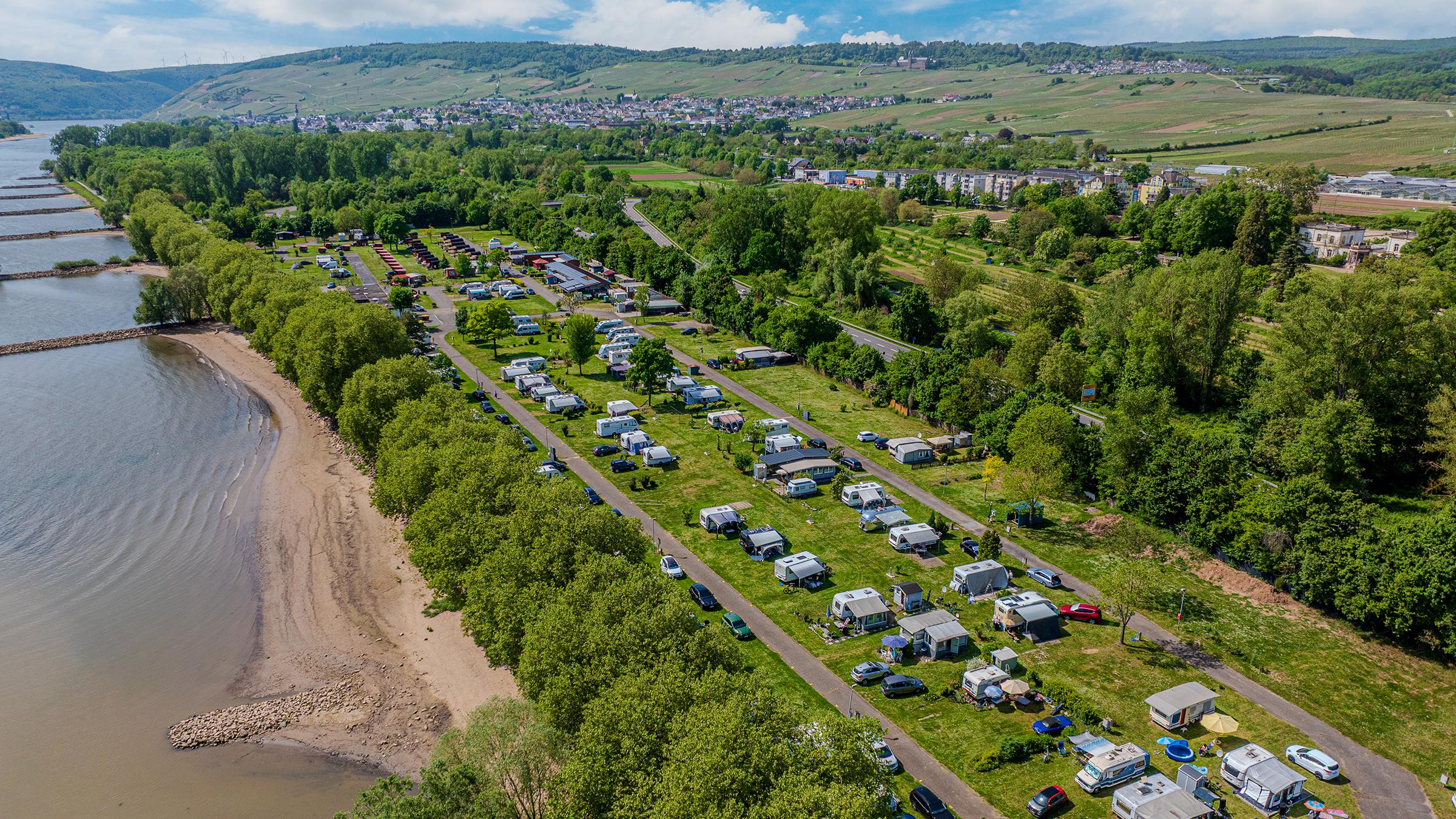 Rheingaucamping Geisenheim – luftfoto af campingpladsen med autocampere, campingvogne og telte på grønne pladser langs Rhinens bred med sandstrand, med vingårde og Rheingau-landsbyer bagved