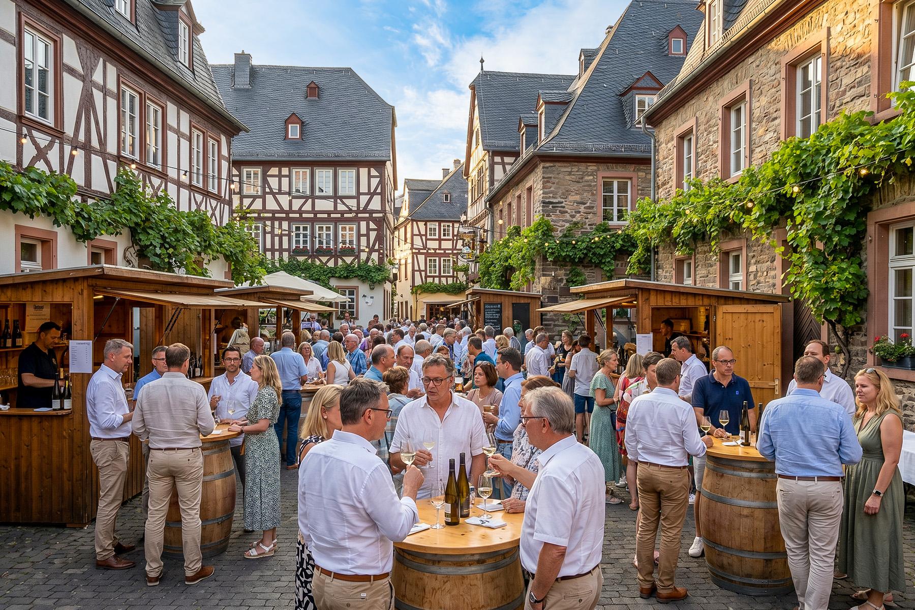 Vinfest i en historisk gyde i den gamle bydel i Rheingau med gæster, vinboder og bindingsværkshuse om aftenen