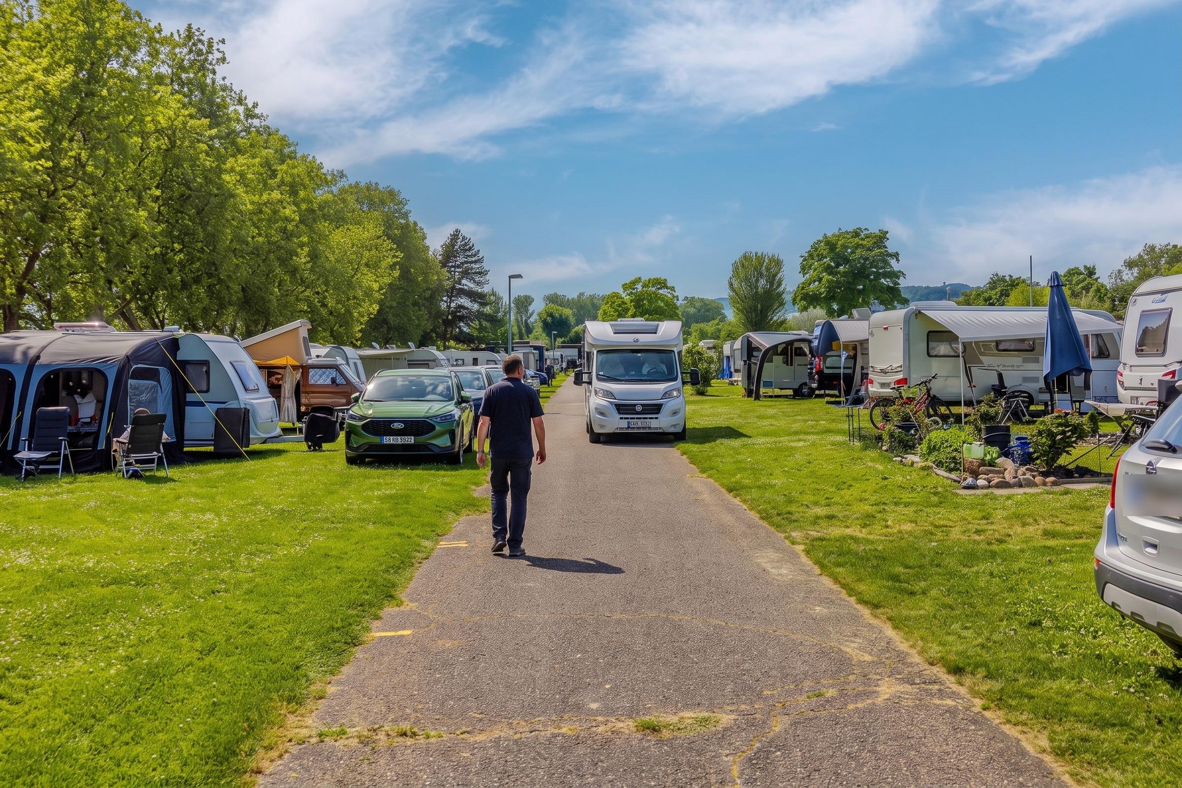 Rheingaucamping Geisenheim – en medarbejder følger en ankommende autocamper ad campingpladsens hovedvej til pladsen, med campingvogne og fortelte på velplejet græs i begge sider