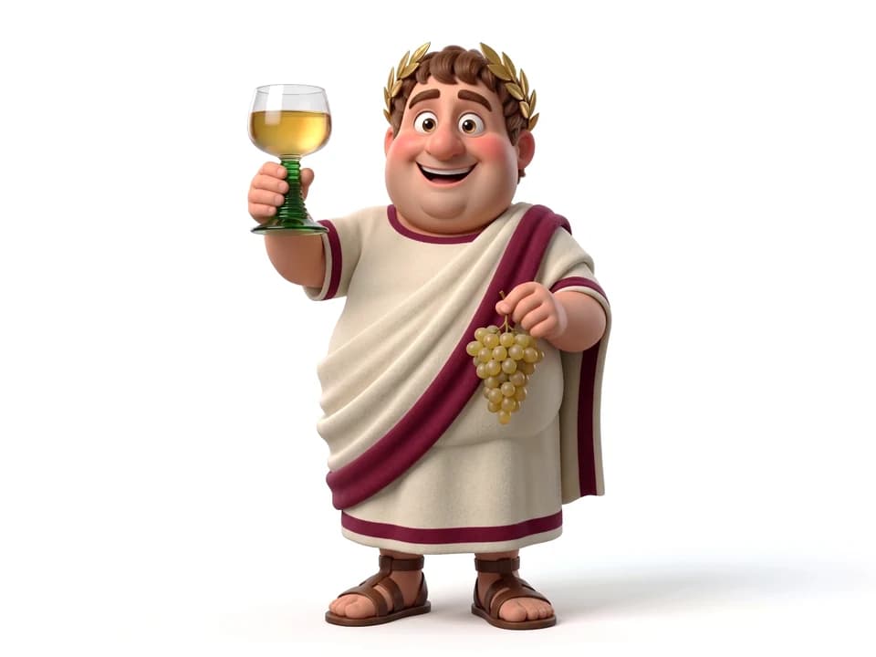 Piffche, de mascotte van Rheingaucamping, in toga en met lauwerkrans – hij heft een glas witte wijn en houdt in zijn andere hand een druiventak
