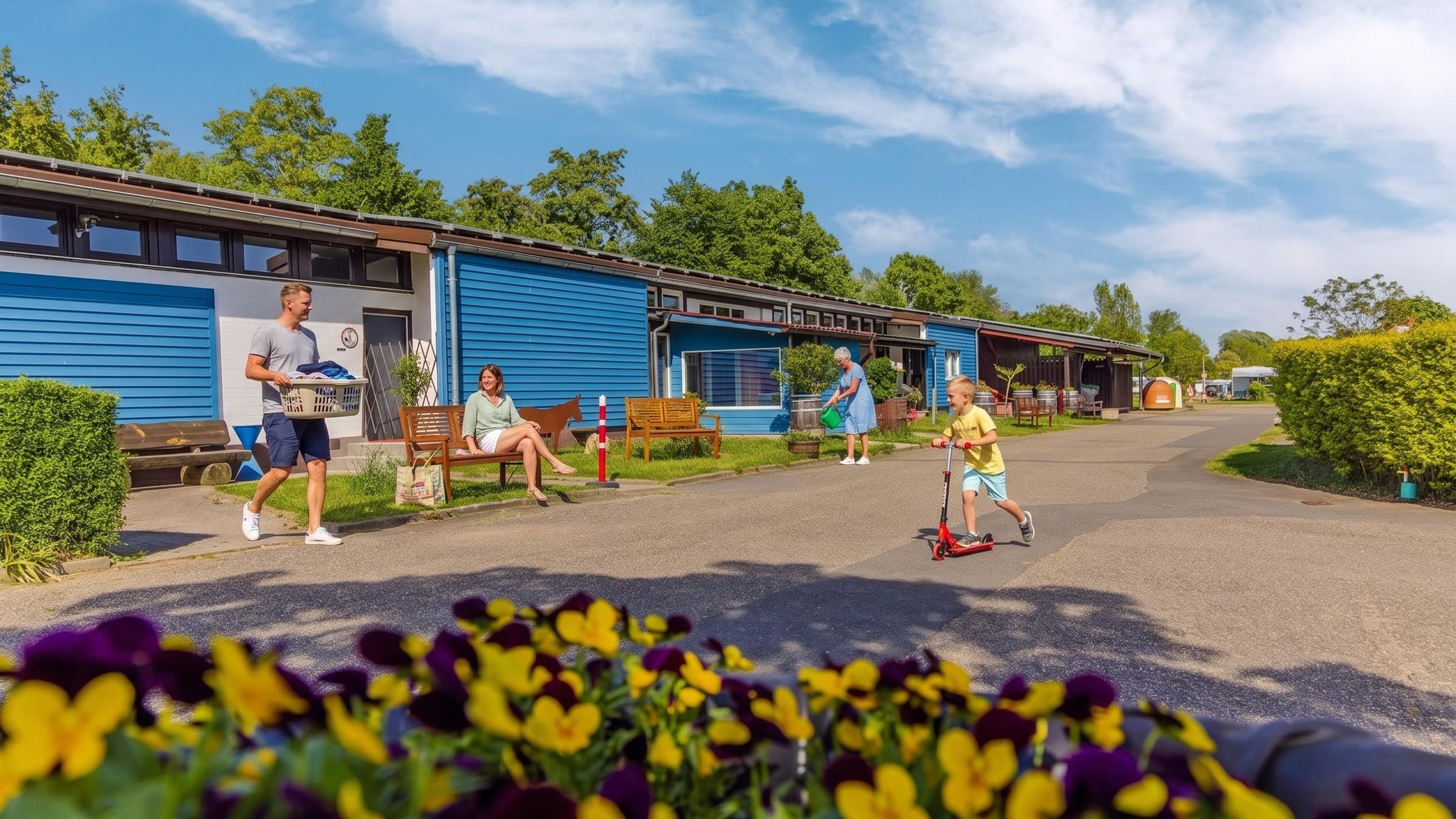 Rheingaucamping Geisenheim – blåklädda sanitetsbyggnader med en campare med tvättkorg, en kvinna på bänken och ett barn på sparkcykel