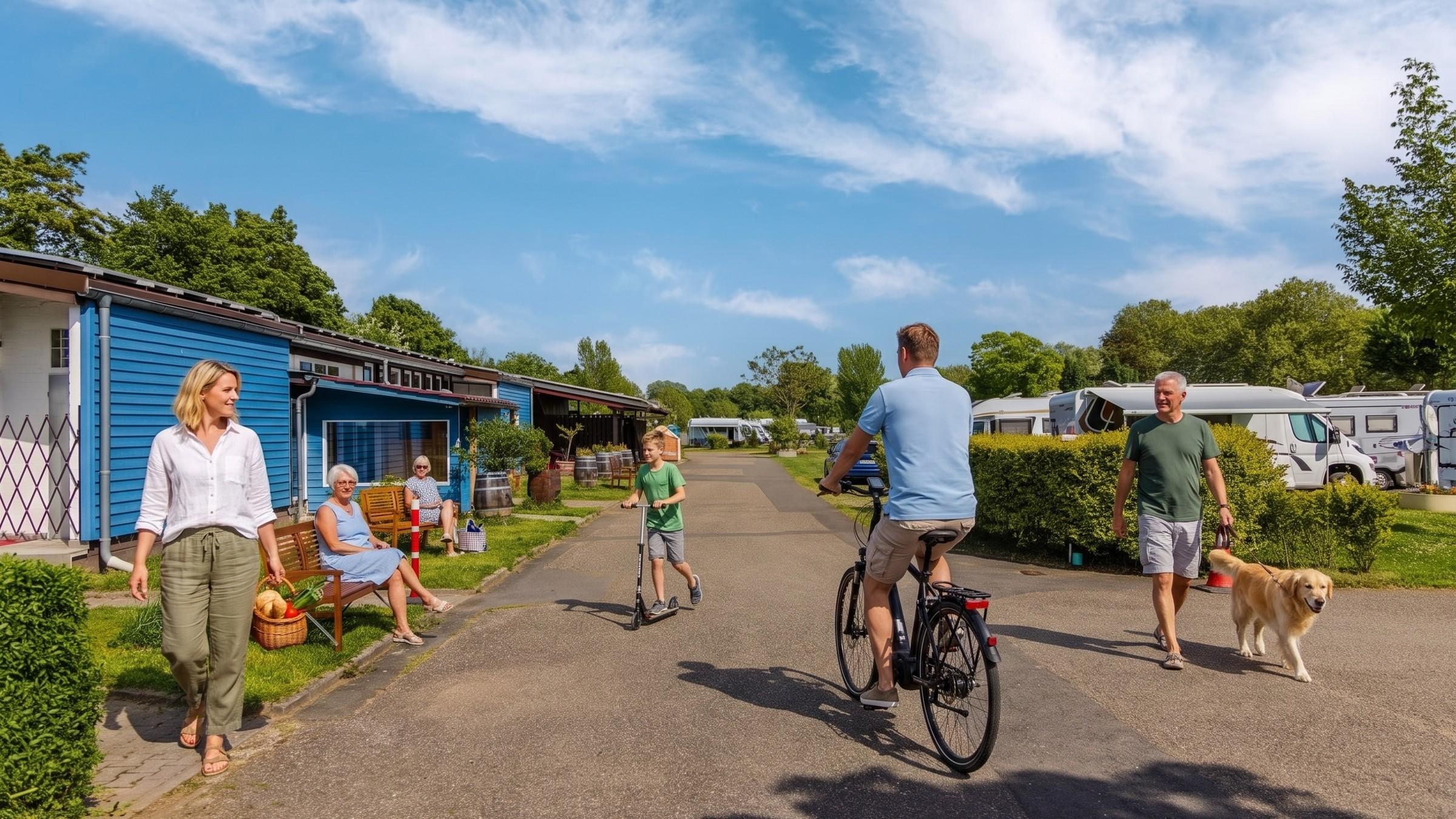 Vardag på Rheingaucamping Geisenheim – cyklister, en hundägare och barn på vägen längs sanitetsbyggnaderna