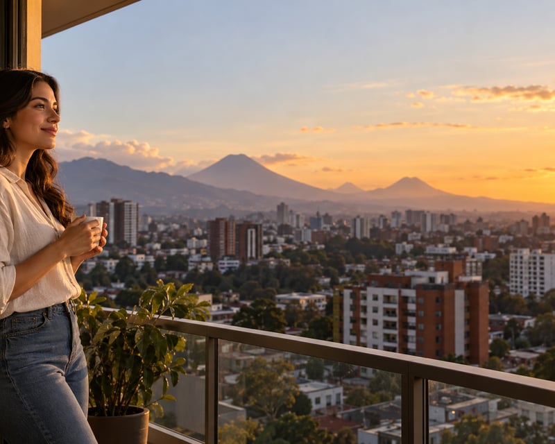 Persona joven en el balcón de su apartamento mirando la Ciudad de Guatemala al atardecer, pensando en comprar su primera casa