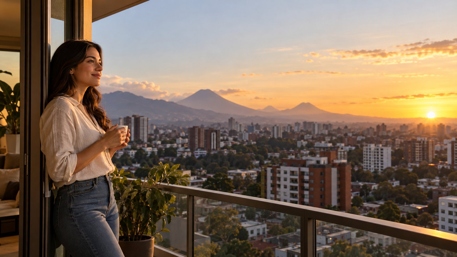 Persona joven en el balcón de su apartamento mirando la Ciudad de Guatemala al atardecer, pensando en comprar su primera casa