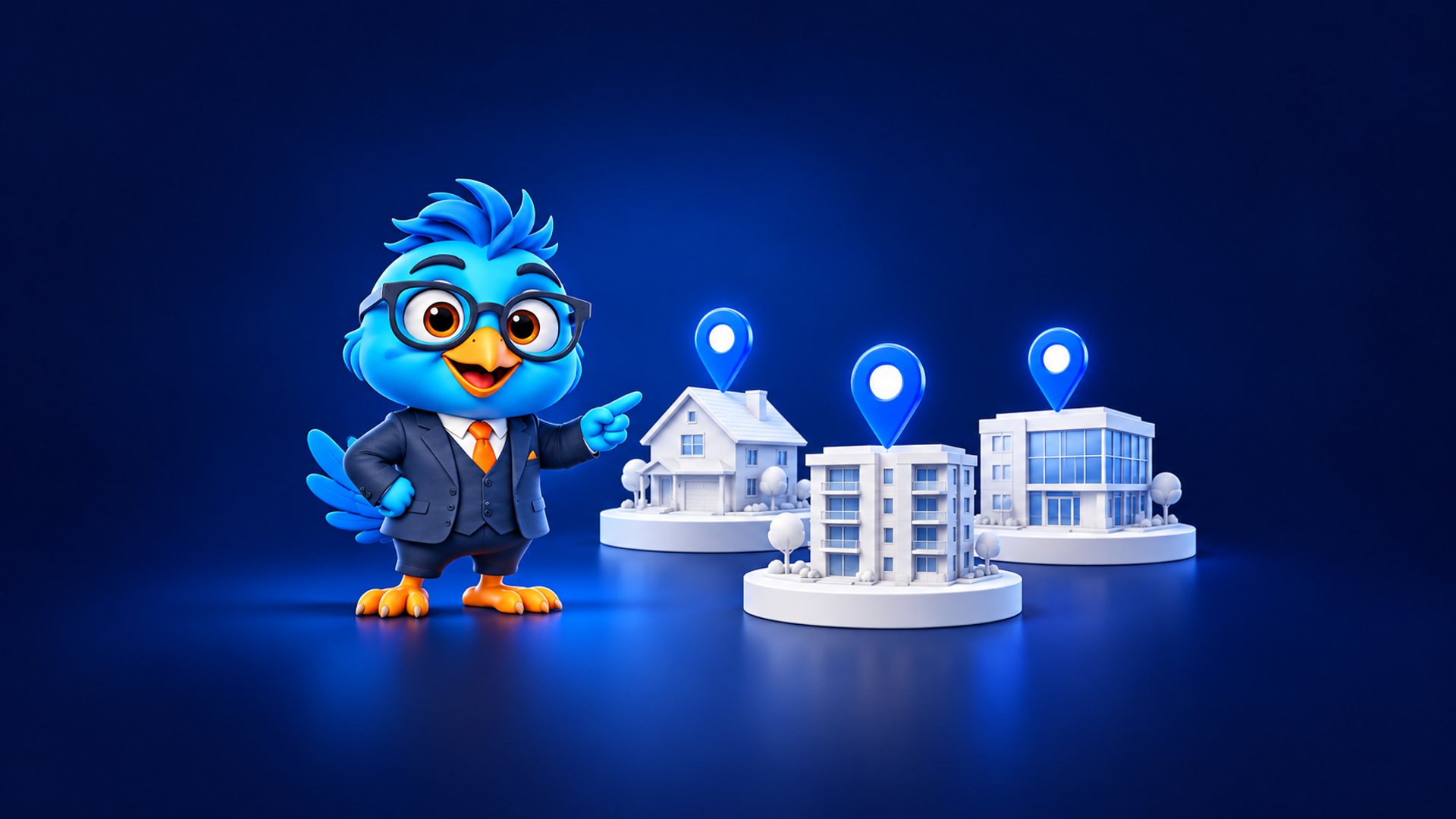 Mappito junto a tres modelos de inmuebles y marcadores de ubicación; ilustración conceptual para comparar zonas.