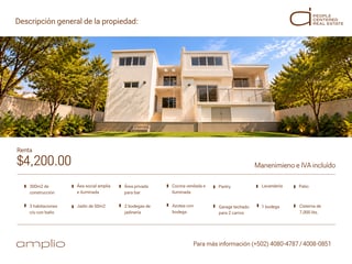 “Casa en Renta en Oakland Zona 10 | 3 Habitaciones | Jardín | 300 m² - 2
