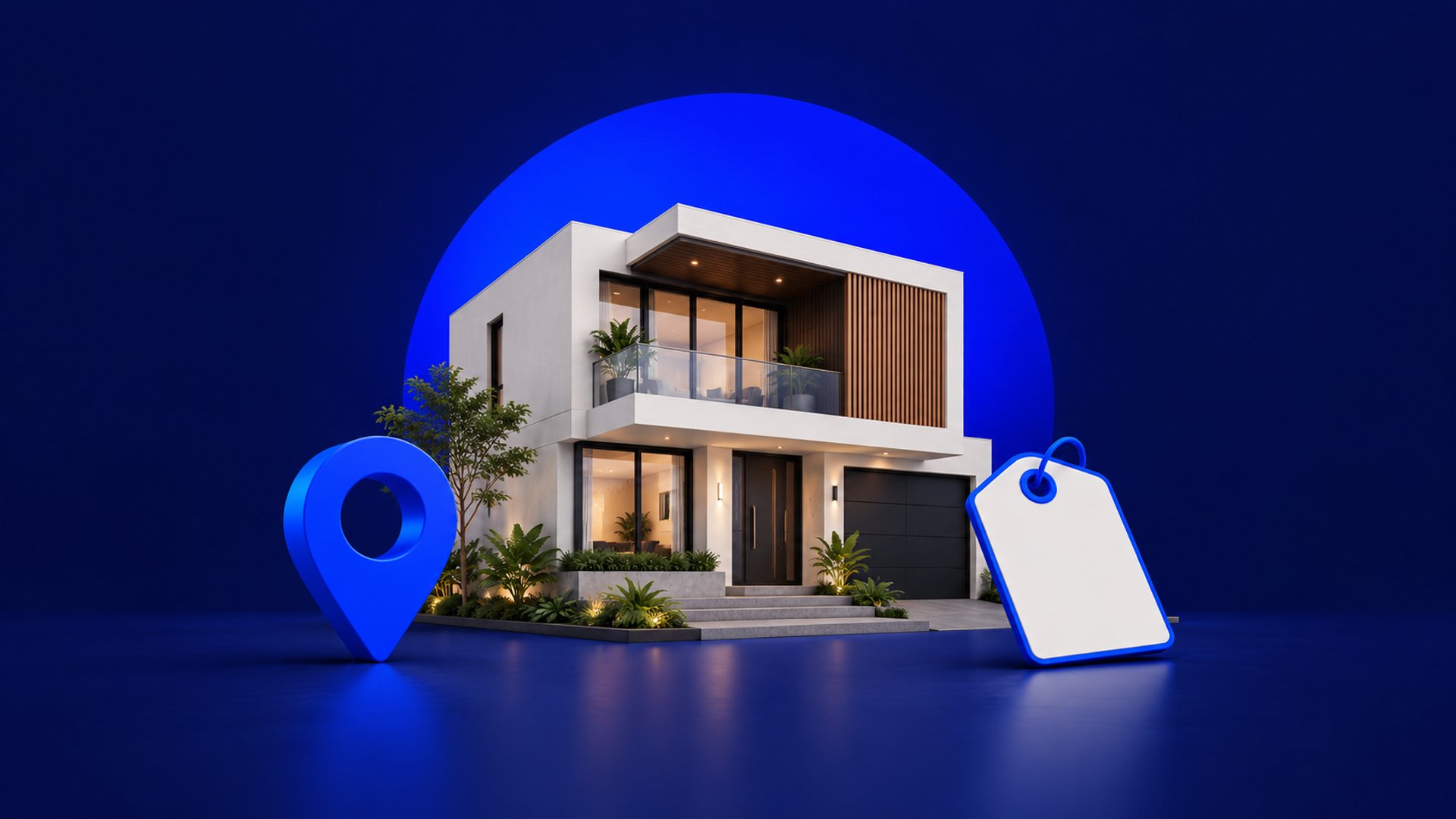 Ilustración conceptual de una casa, un marcador de ubicación y una etiqueta para acompañar la guía de valoración.