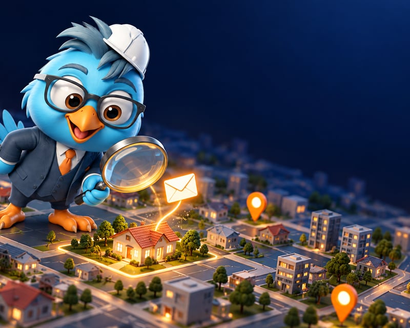 Mappito, el pájaro azul de Mappi, revisa con una lupa un mapa 3D de casas y encuentra una que envía una alerta por correo