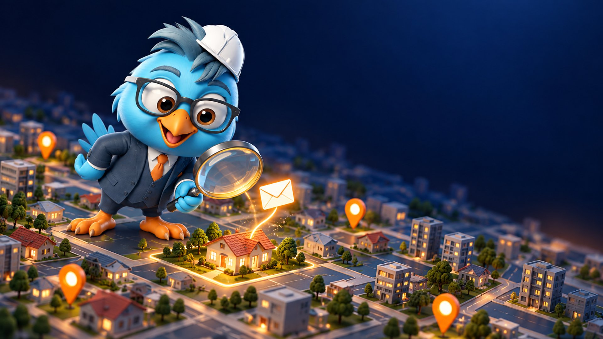 Mappito, el pájaro azul de Mappi, revisa con una lupa un mapa 3D de casas y encuentra una que envía una alerta por correo