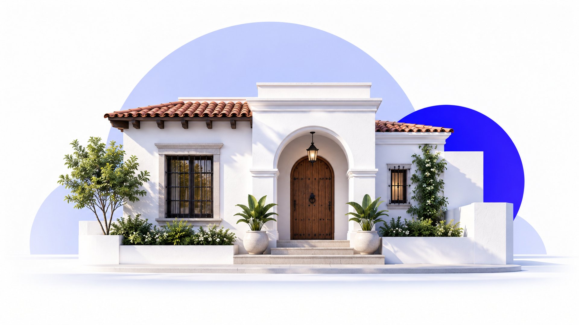 Ilustración conceptual de una casa con fachada tradicional y patio.
