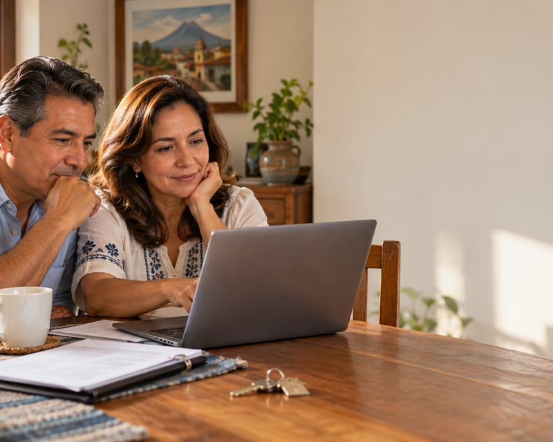 Pareja revisa en su laptop el valor de su casa, sentada en el comedor con llaves, café y papeles sobre la mesa
