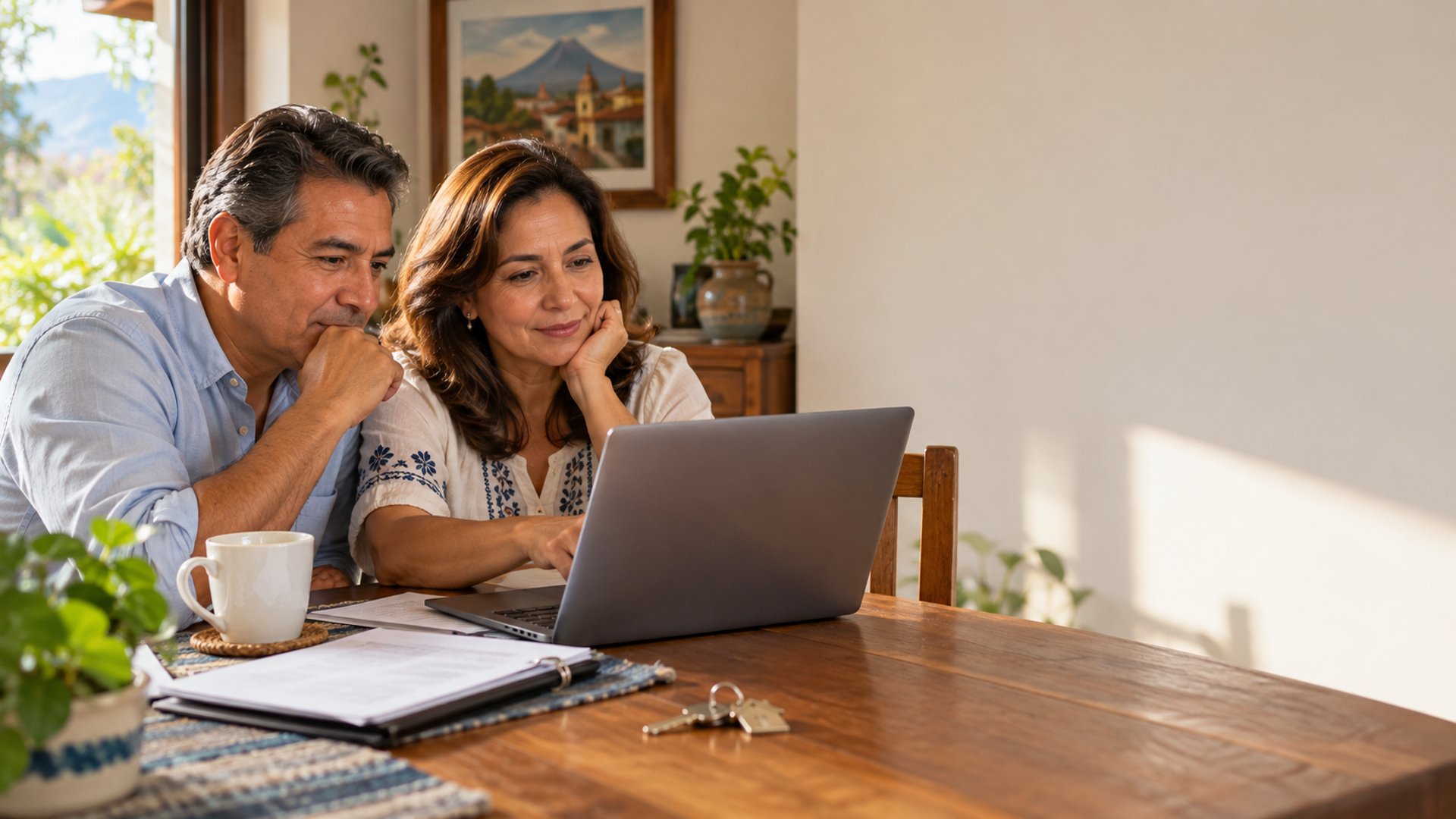 Pareja revisa en su laptop el valor de su casa, sentada en el comedor con llaves, café y papeles sobre la mesa