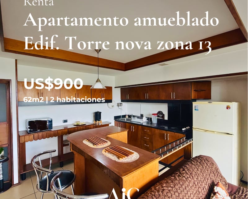 APTO. AMUEBLADO EN RENTA, EDIF. TORRE NOVA  62 MTS2, 2 DORMITORIOS, ZONA 13