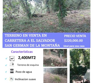 Vendo Terreno Carretera a El Salvador km 20.5 SAN GERMAN DE LA MONTANA