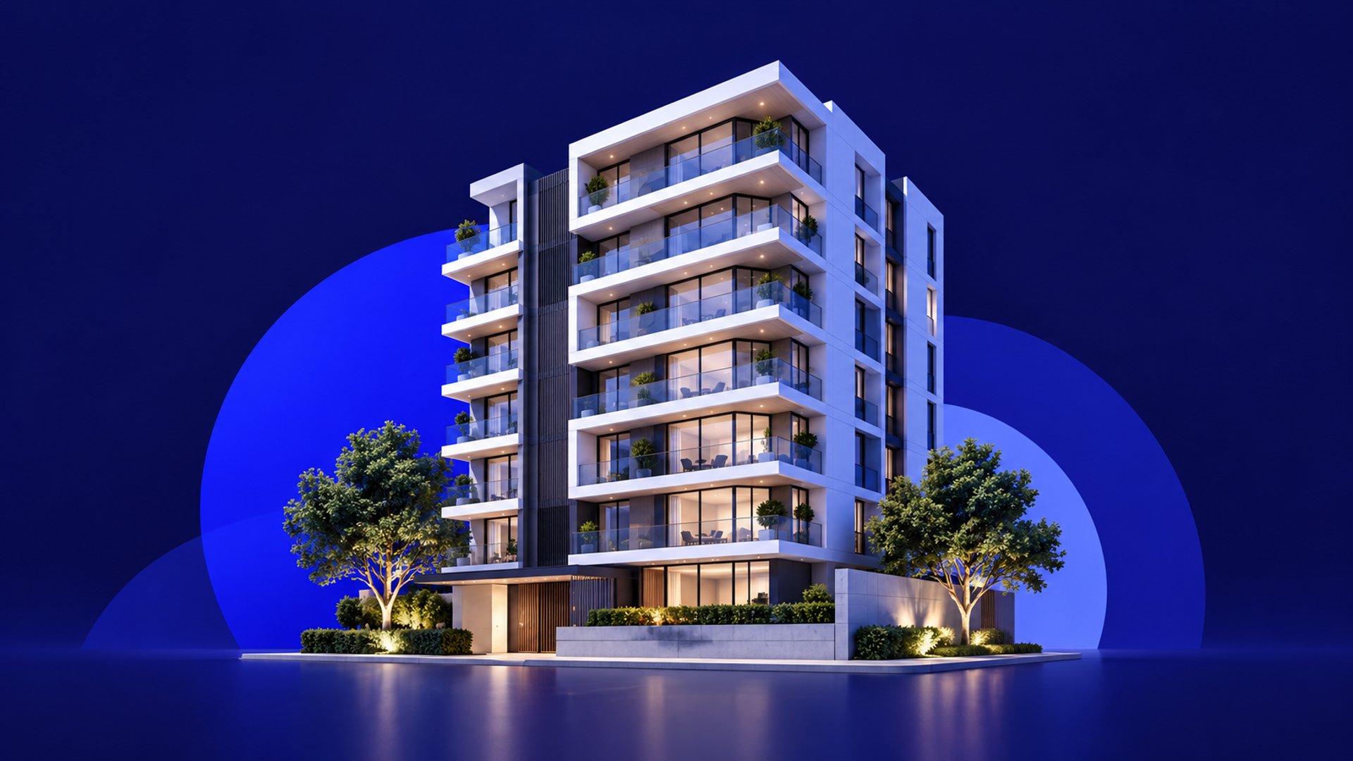 Ilustración conceptual de un edificio de apartamentos sobre un fondo azul de Mappi.