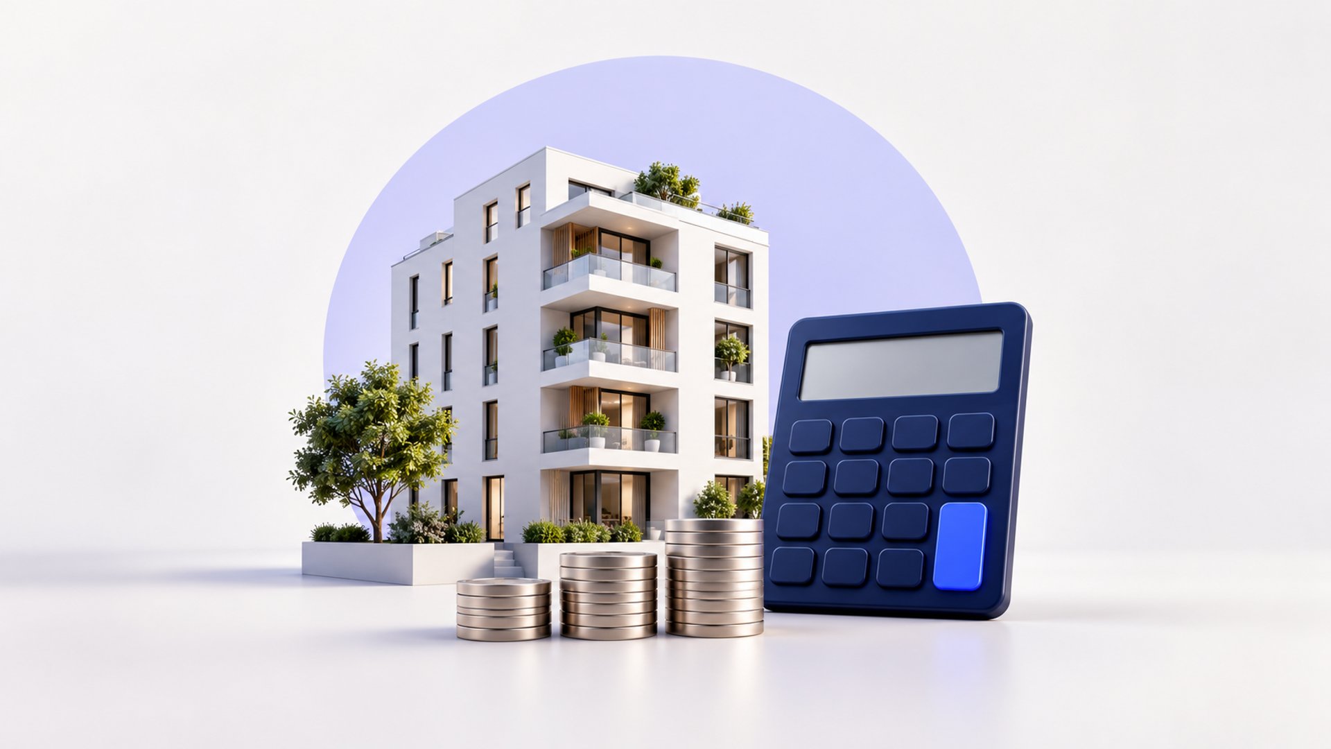 Ilustración conceptual de un edificio, una calculadora y monedas para analizar los ingresos y gastos de un alquiler.