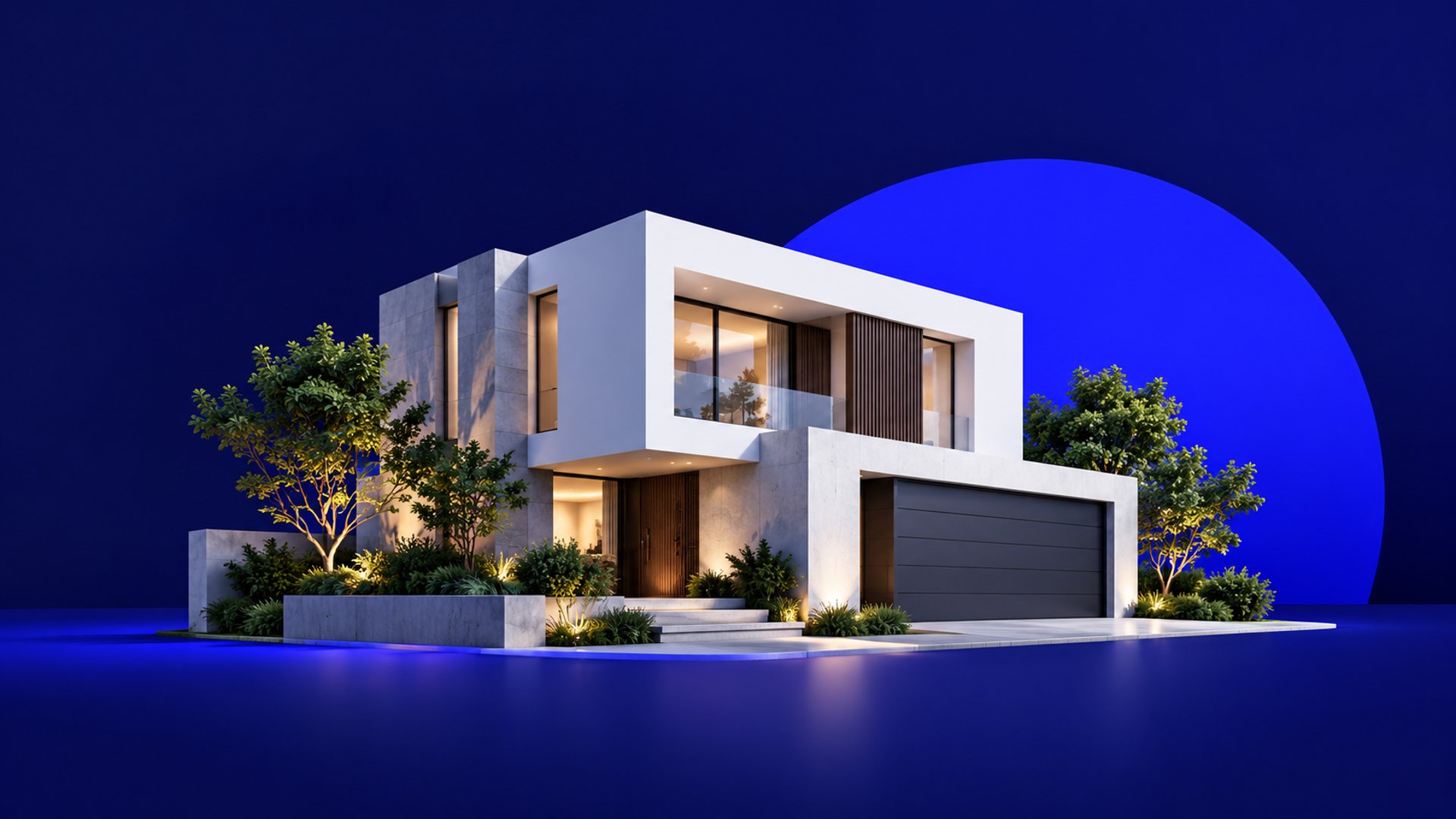 Ilustración conceptual de una casa contemporánea de dos niveles sobre un fondo azul.